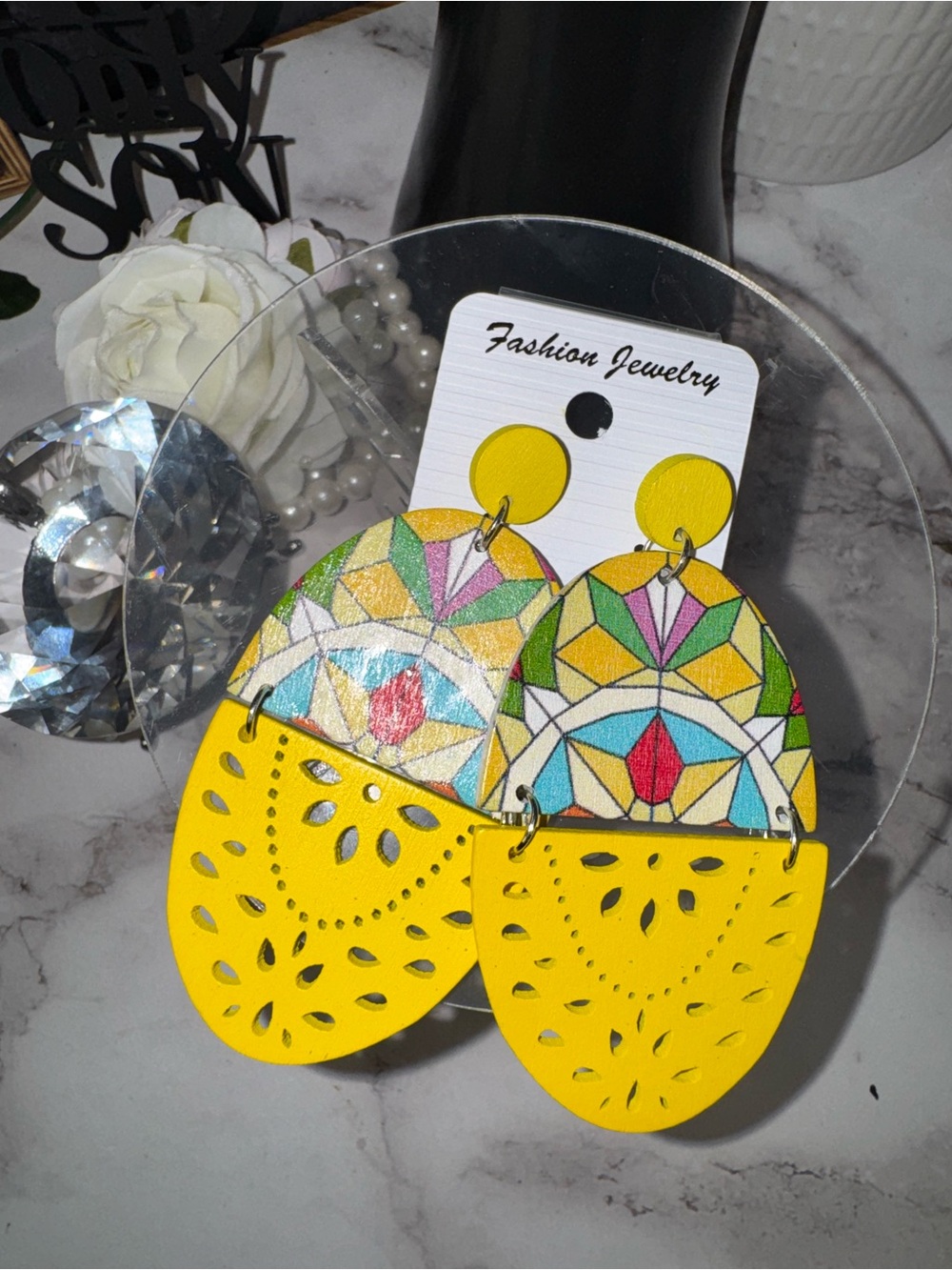 Fashion Jewelry Yellow Multi-Pattern Layered Drop Earrings